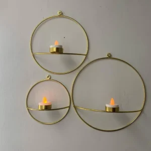 Set of 3 Round Wall Candle Holders with Gold Metal Frame