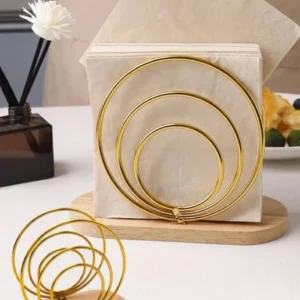 Modern Gold Ring Napkin Holder with Wooden Base