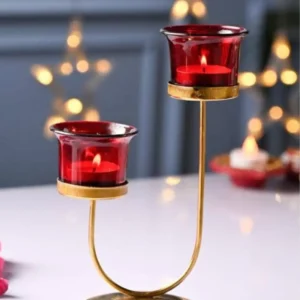 Dual Glass Candle Holder with Gold Metal Stand