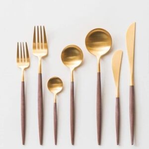 Gold Finish Stainless Steel Cutlery Set with Wooden Handles