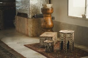 Elegant traditional Tunisian furniture in a Carthage house interior, showcasing intricate craftsmanship.